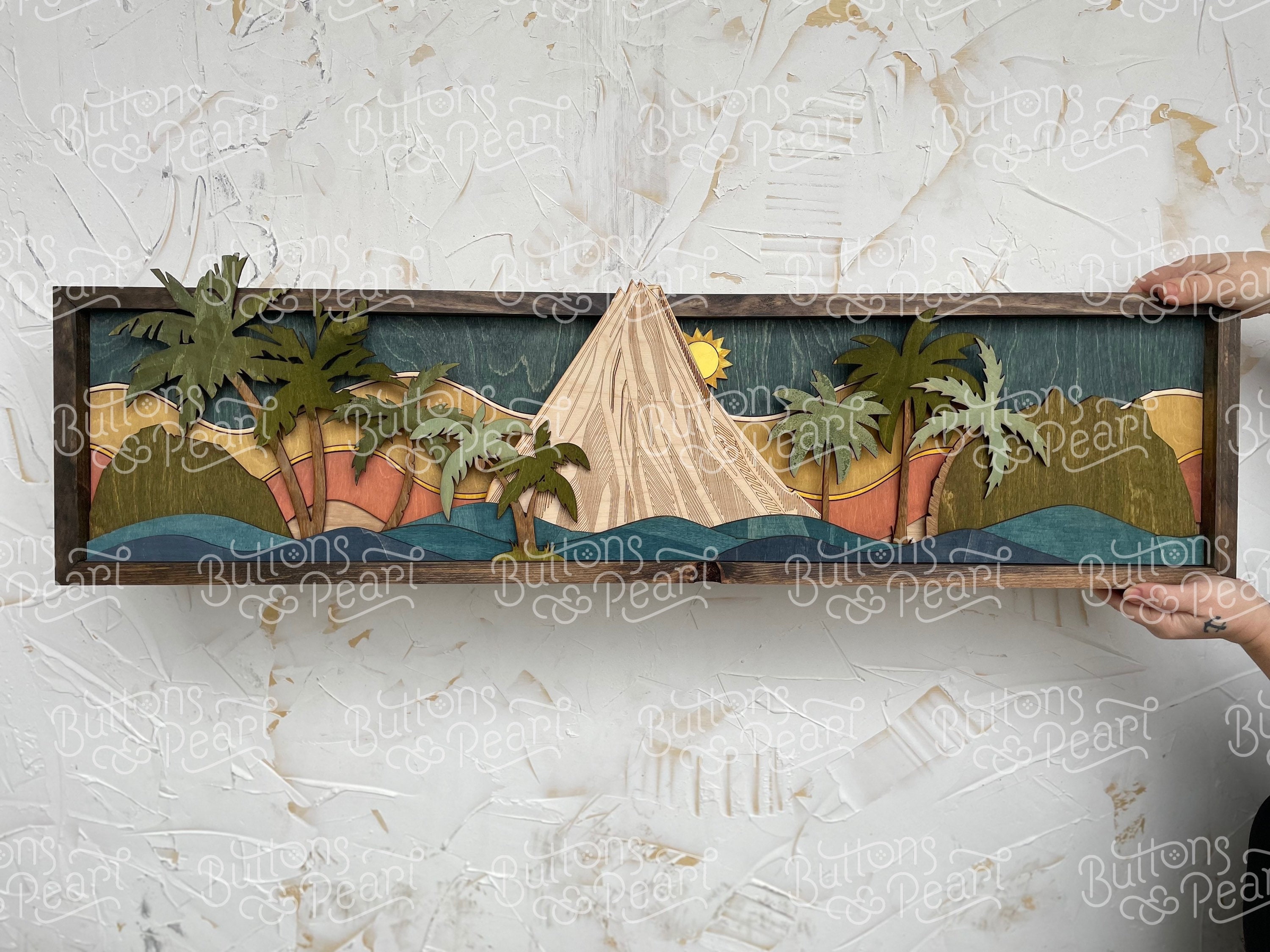 Reclaimed Wood Island Art: 3D Volcano & Palm Tree Sunrise - Etsy