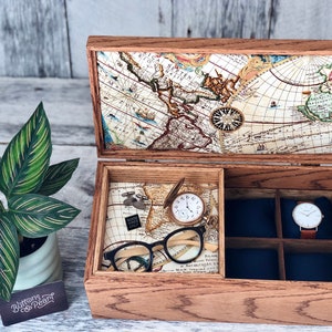 Watch Box / 8 Watch  / Valet Tray  / Watch Organizer / Jewelry /  Watch Case / Watch Storage / Wood / Maple / Cherry / Map / Compartments
