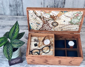 Watch Box / 8 Watch  / Valet Tray  / Watch Organizer / Jewelry /  Watch Case / Watch Storage / Wood / Maple / Cherry / Map / Compartments