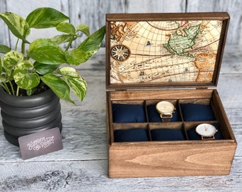 Watch Box / Compartments / Watch Organizer / Wood / Watch Case / Anniversary / Watch Storage / Maple / Cherry / Compartment Box / Map