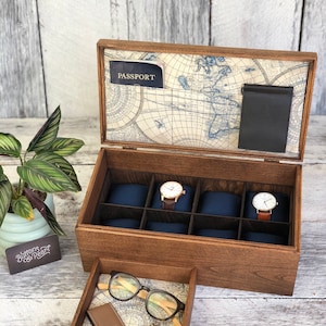 Watch Box / 8 Watch / Compartments / Valet Tray  / Watch Organizer / Jewelry /  Watch Case / Watch Storage / Wood / Maple / Cherry / Map