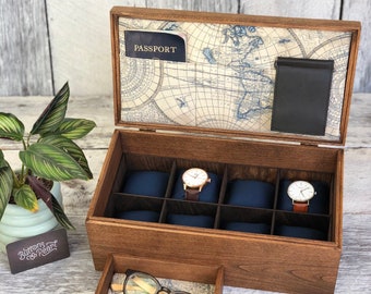 Handmade Wood Watch Box: 8 Compartment Organizer with Valet Tray