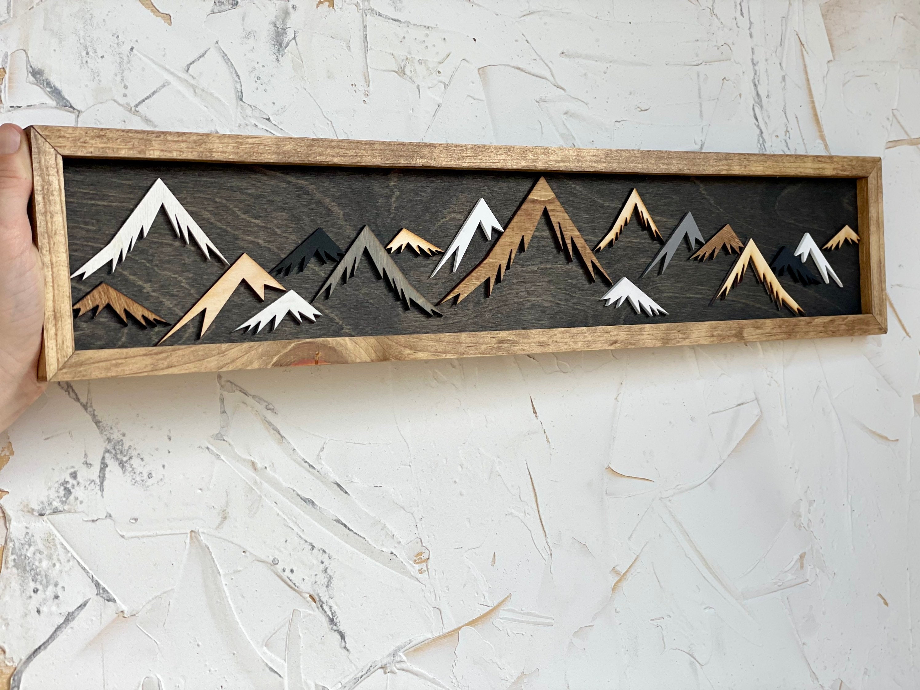 3D Mountain Wood Art: Layered Peaks, Framed Wall Decor (24x5) - Etsy
