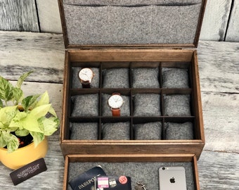 Watch Box / 12 Watch / Compartments / Watch Organizer / Watch Display / Watch Case / Large / Jewelry Box / Wood / Linen / Valet Tray
