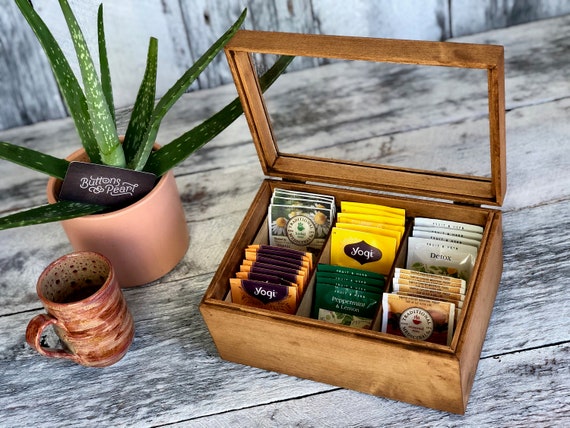3 Compartments Wooden Tea Bag Storage Box Tea Caddy Organizer With Glass Lid 