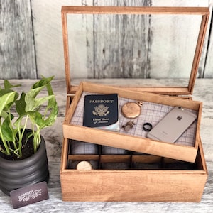 Watch Box / Glass Top / 12 Watch / Compartments / Watch Organizer / Valet Tray / Valet Box / Wood / Maple / Cherry / Oak / Linen / Map