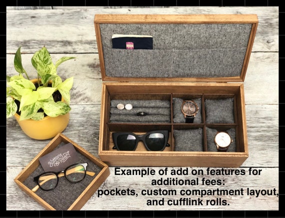 Valet Jewelry Box - Holds 6 Watches, 12 Cufflinks, 2 Sunglasses, Drawer & Tray Storage