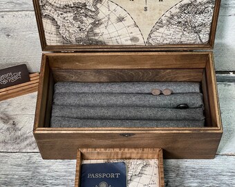 Handmade Maple Cufflink Box: Wood Valet Tray with Linen Ring Rolls