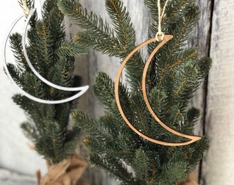 Handmade Birch Wood Crescent Moon Ornament: Gold, Silver, or Natural