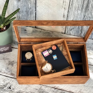 Watch Box / 8 Watch / Compartments / Glass Top / Valet Tray / Watch Organizer / Large / Watch Case  / Watch Storage / Jewelry Box / Wood