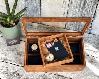 Watch Box / 8 Watch / Compartments / Glass Top / Valet Tray / Watch Organizer / Large / Watch Case  / Watch Storage / Jewelry Box / Wood