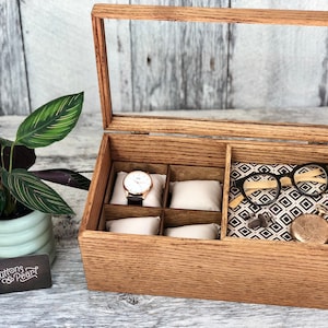 Watch Box / 8 Watch / Compartments / Glass Top / Valet Tray / Watch Organizer / Large / Watch Case  / Watch Storage / Jewelry Box / Wood