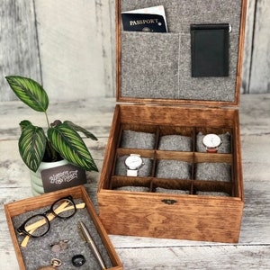 Sale / Watch Box / 9 Watch / Compartments / Valet Tray / Watch Organizer / Watch Case / Watch Storage / Jewelry Box / Linen / Wood