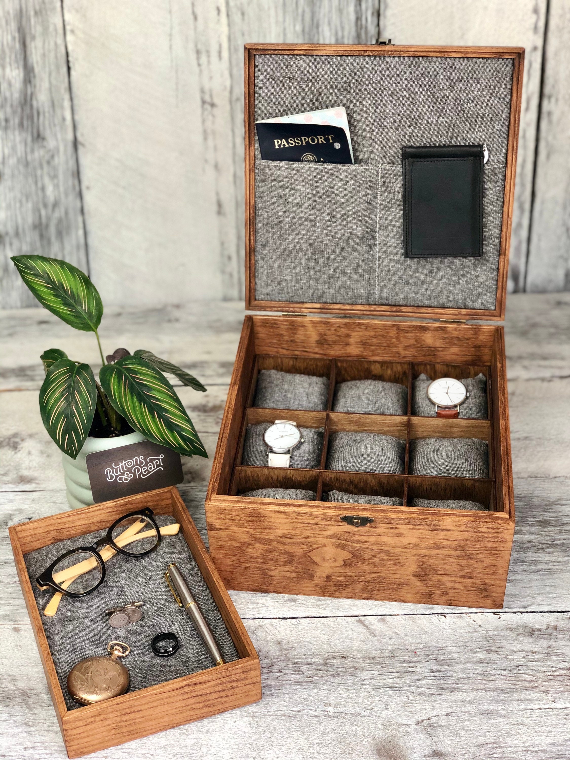 Sale Watch Box 9 Watch Compartments Valet Tray Watch Organizer Watch Case Watch Storage Jewelry Box Linen Wood Etsy Nederland