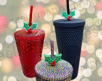 Christmas Holiday Holly Straw Toppers | 3D Printed for 8.5mm STANDARD straws only - NOT for Stanley!