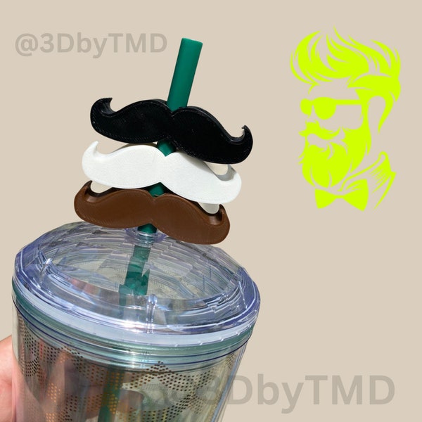 Large Mustache Straw Topper | 3D Printed for 8.5mm STANDARD straws only - NOT for Stanley!