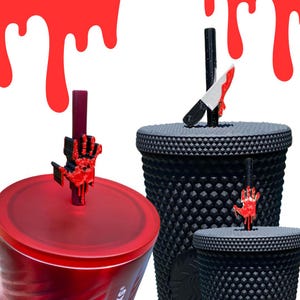 Bloody Hand and Bloody Knife Straw Topper | 3D Printed for 8.5mm standard straws AND Stanley 30/40oz!
