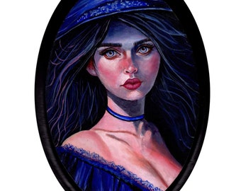 Oval Victoria Witch Painting on Wood Original One of a Kind with Silver leaf Embellishments