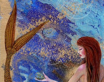 Mermaid Egg  Surreal Original Art on Canvas