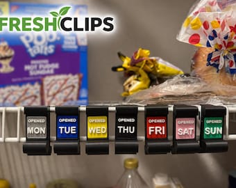 FreshClips - Kitchen Organizer – 7 Day Bag Clips Set – Food Storage Clips with Day Labels – Pantry Organization – Chip Bag Sealer