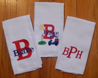 Personalized Burp Cloths/Monogram Burp Cloths/Set of 3 Burp Cloths for Baby Boy or Baby Girl/Golf Burp Cloth/Personalized Baby Item