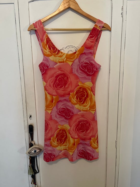 VTG 80s Slinky Rose Print Skater Tank Dress Sexy … - image 1