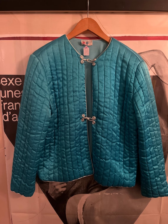 VTG 40s 50s Quilted Handmade Turquoise Bed Jacket 