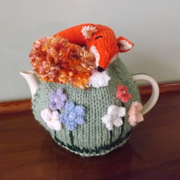 Hand Knitted Tea Cosy "Sleeping Fox". Animal Lovers Gift, Fox Tea Cosy, Mothers Day Gift, Novelty Tea cosy. Medium or Large Size