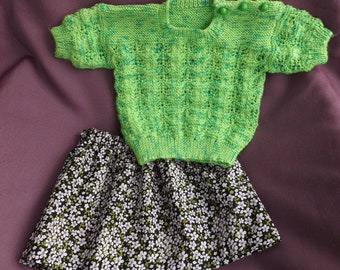 JUMPER Sweater Hand Knitted Lime Green with Coordinating Floral Cotton Skirt.  Fits Chest 20", Waist 19-21". 18-24 Months.
