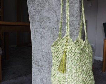Green MESH MARKET BAG, Eco Friendly Gift,  Sustainable Bag, 100% Pure Cotton Fold-Away Mesh Market Bag, Hand Crocheted Bag