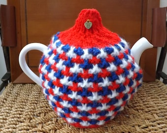Hand-Knitted Tea Cosy: Red White and Blue Coronation Decor