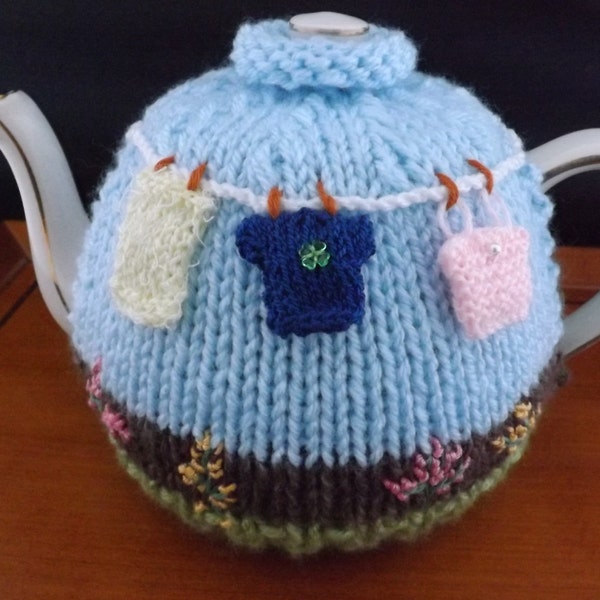 Tea Cosy. Hand-Knitted "Washing Day" Tea Cosy. Fits Small, Medium or Large Teapot. Chunky Wool. Novelty Design. Ladies Gift, Granny Gift.