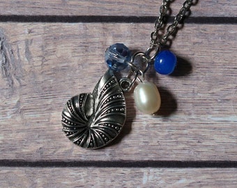 Silve Nautilus Shell Blue and White Charm Pendant Necklace