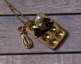 Gold toned Cupcake Baking Pan and Whisk Charm Pendant Necklace