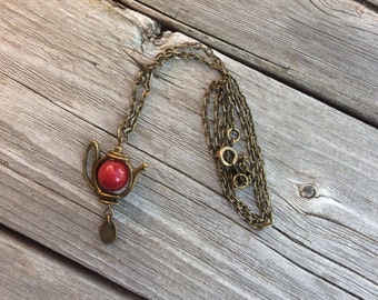 Red And Brass Teapot Pendant Necklace