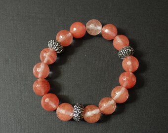 Silver Flower Pink Quartz stretch Beaded Bracelet