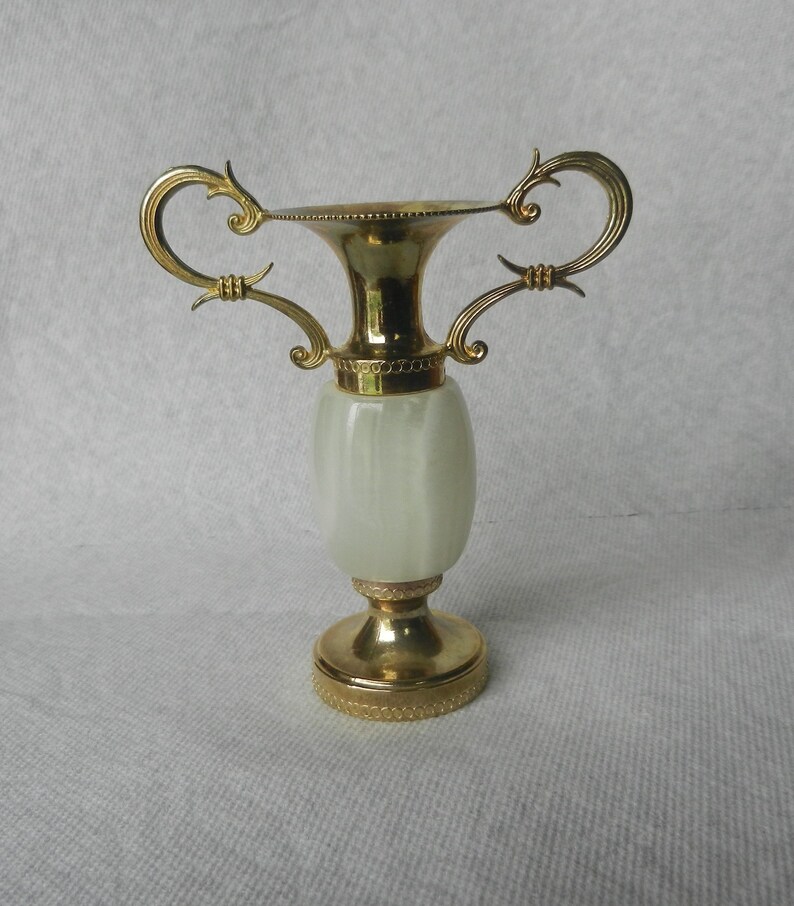 80s Vintage Marbled White Onyx Vase Urn Goldtone Metal Brass Etsy