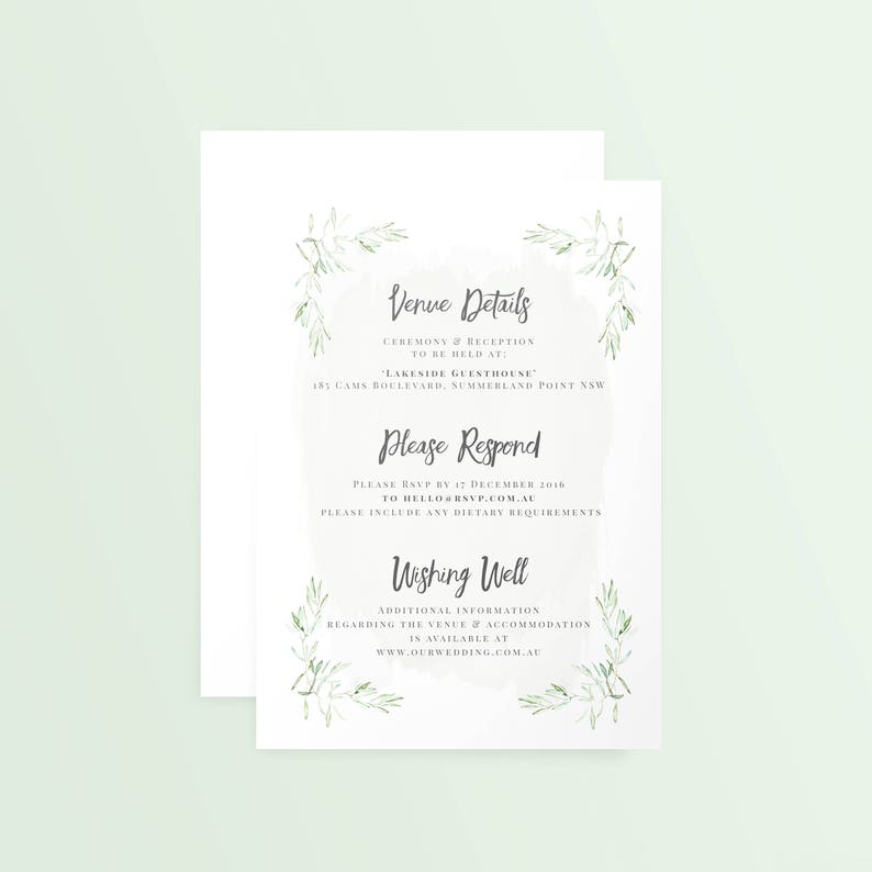 Recycled Simple Textured A5 Green Small PDF Customisable Printed Wedding Invitation /'Olive Branch/'