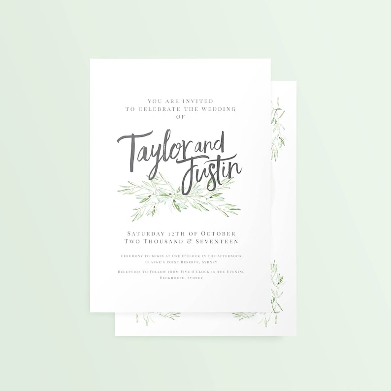 Recycled Simple Textured A5 Green Small PDF Customisable Printed Wedding Invitation /'Olive Branch/'