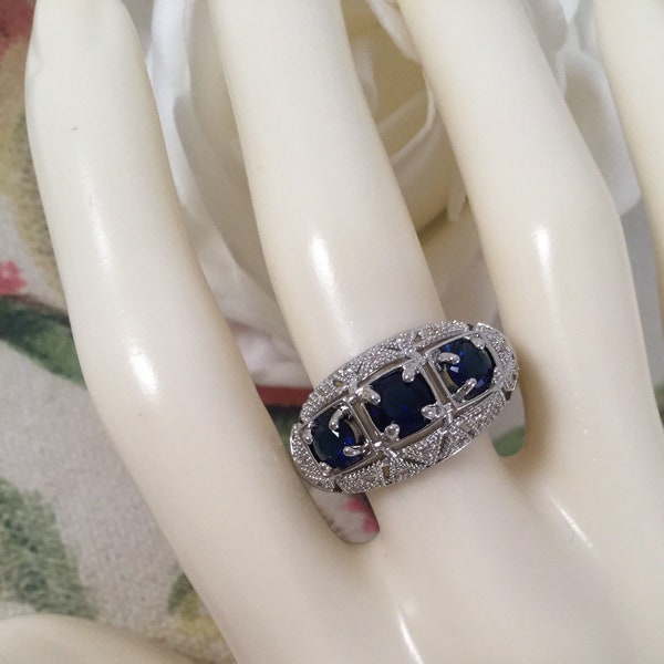 Vintage Jewellery White Gold Ring with Blue and White Sapphires Antique Art Deco Dress Jewelry medium Ring size 8 or Q