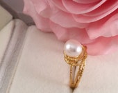 Vintage Jewellery Yellow Gold Ring with genuine White Pearl Antique Art Deco Dress Jewelry ring size 8 or Q