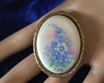 Vintage Jewelry hand painted ceramic porcelain china brooch pin Pendant in gold frame with painted blue flowers signed Jewellery