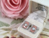 Vintage Jewellery Sterling Silver Earrings with Pink Enamel and Opals and White Sapphires Antique Art Deco Dress Jewelry