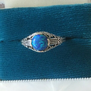 Vintage Jewellery White Gold Ring with Blue Opal Antique Art Deco Dress Jewelry  large ring size R