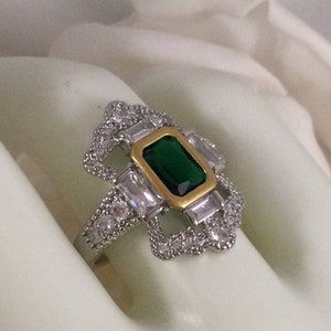 Vintage Jewellery Sterling Silver and Yellow Gold Ring Emerald White Sapphires Antique Art Deco Dress Jewelry large ring size 10