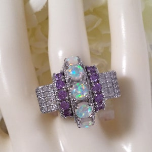 Vintage Jewellery Stunning Sterling Silver Ring Amethysts Opals White Sapphires Antique Art Deco Dress Jewellery large ring size 9  S