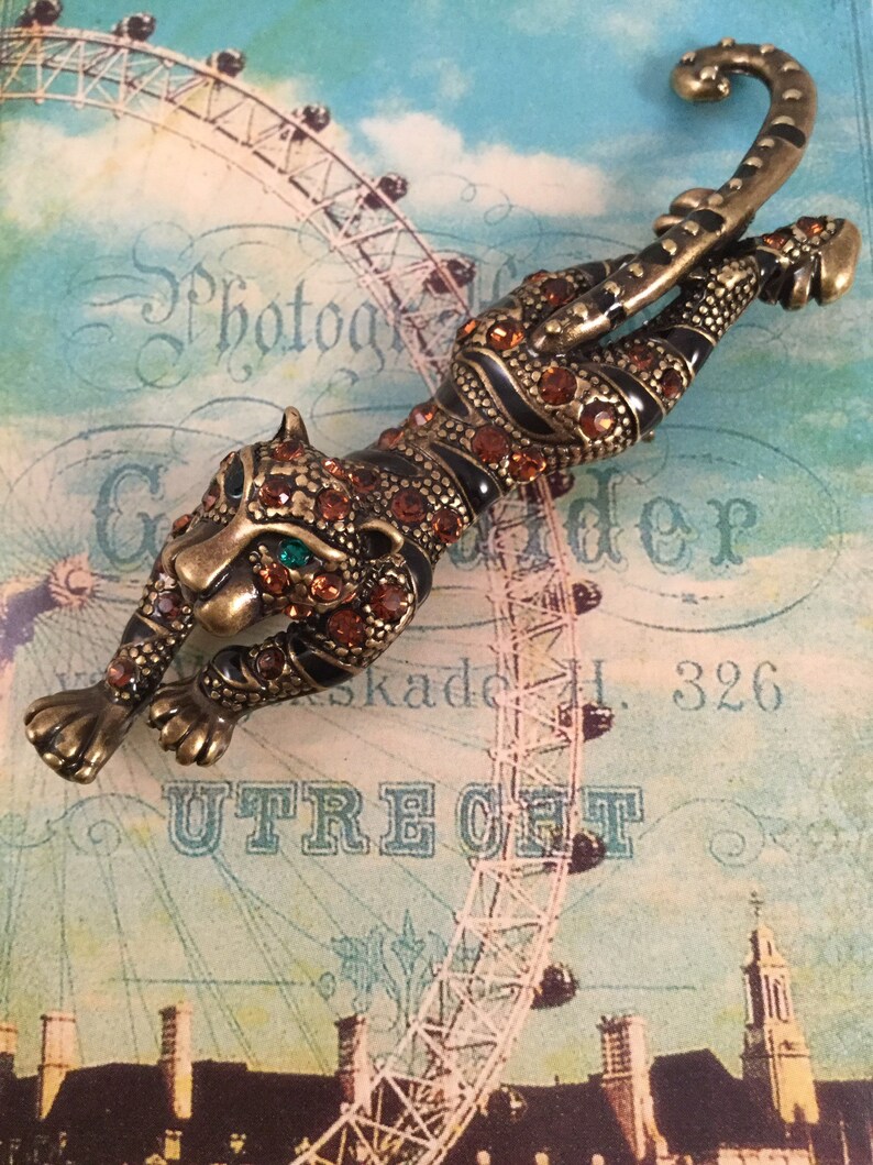 Large Vintage Leopard Panther Brooch Pin with Green Eyes for hats coats scarfs dresses jackets etc