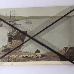 Old antique vintage colour postcard loading grain Victor Harbour sailing ships