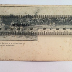 Antique vintage old photo postcard wool carriers railway station Western Queensland Australia Australian drays carts squatters settlers