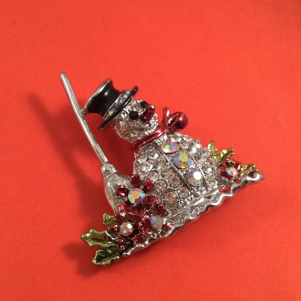 Vintage Christmas Xmas Large brooch pin large silver snowman Czech white glass crystals red black green enamel hat broom ribbon nose